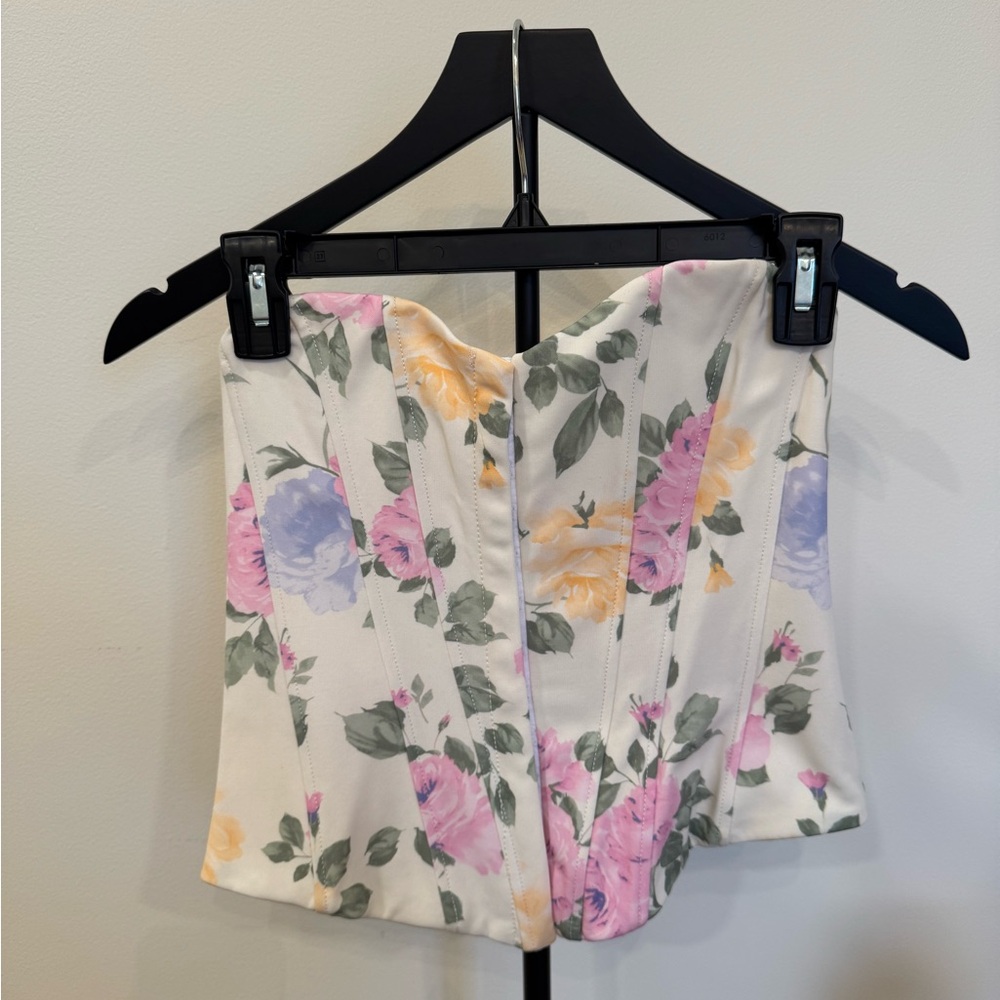 Zara Floral Corset Top - Cream with Multicolor Floral Design